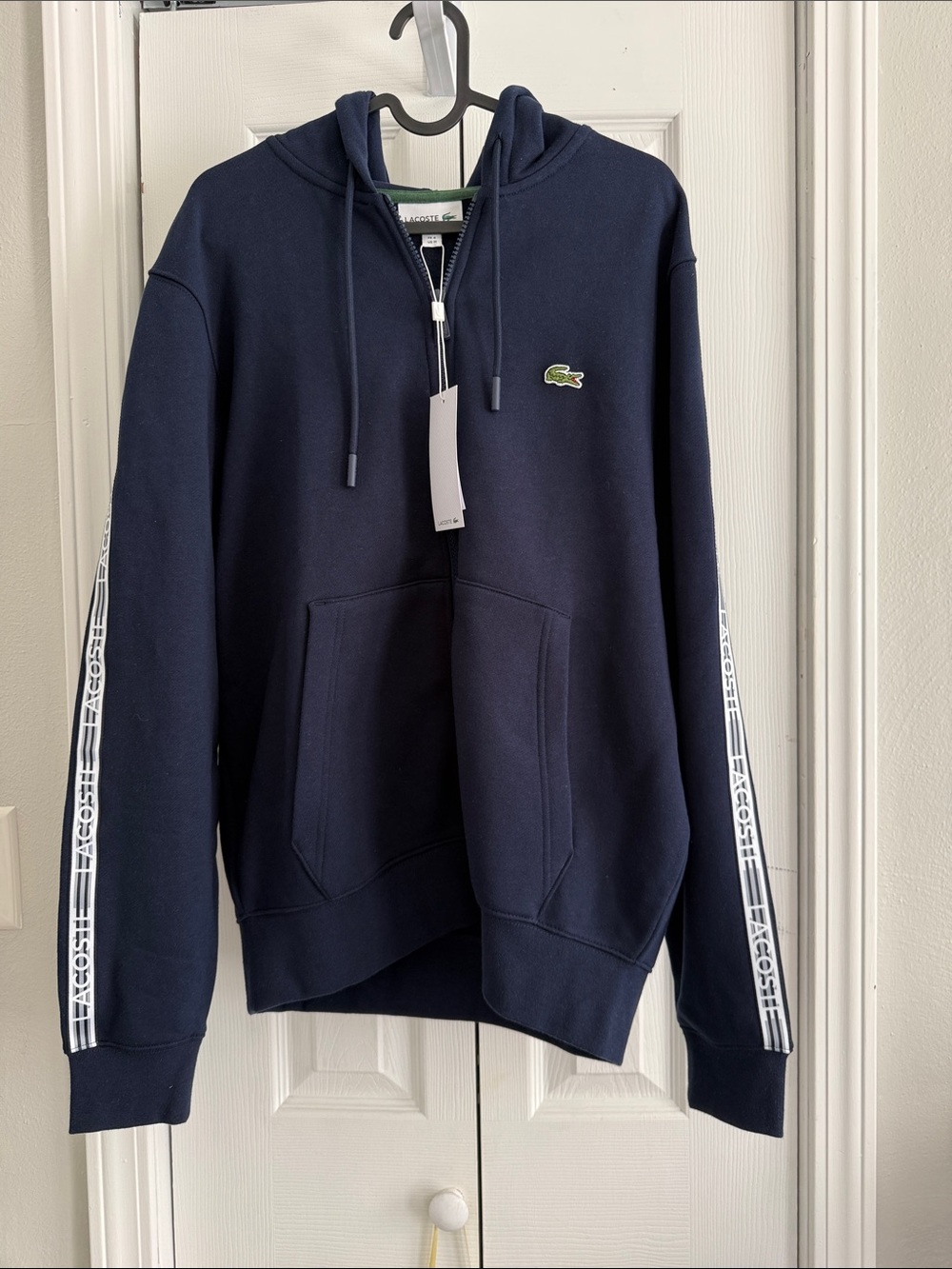 Lacoste Navy Half-Zip Hoodie with White Sleeve Tape